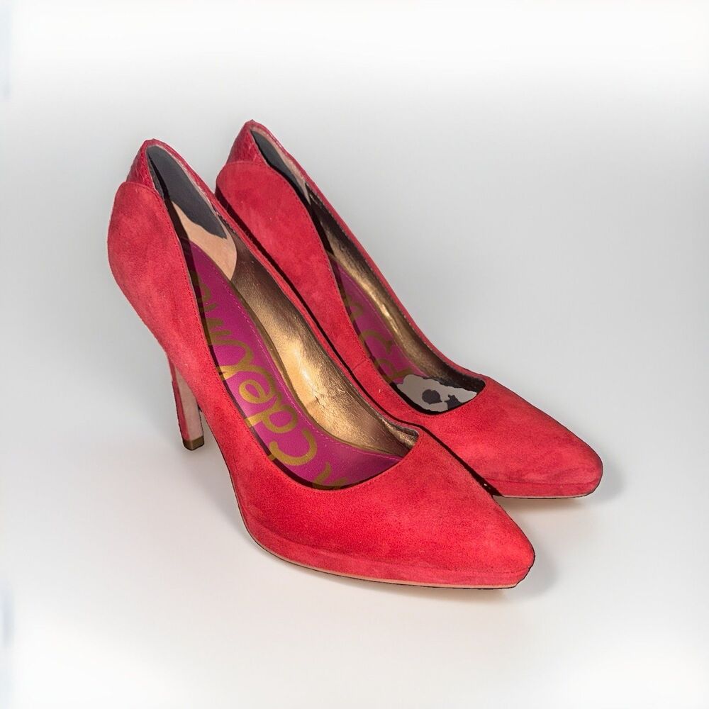 Sam Edelman Red Suede Pumps Womens 7.5 M Pointed Toe Stiletto Snakeskin Heel
